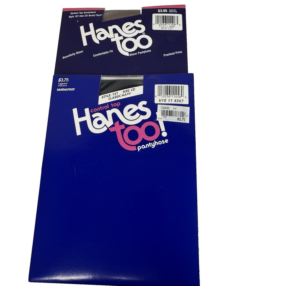 NEW VTG Hanes Too Control Top Pantyhose Barely There &Classic Navy Size CD